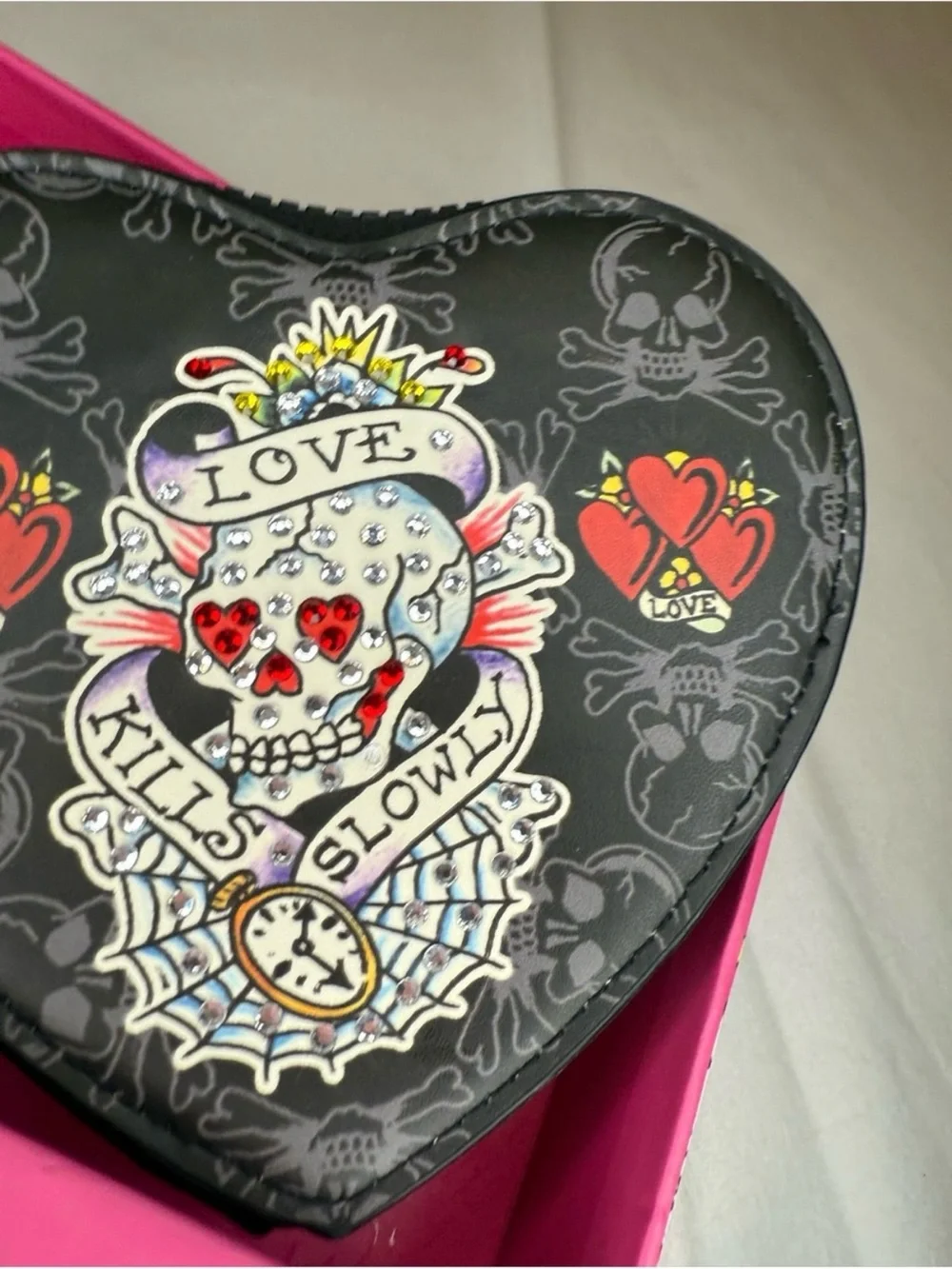Ed Hardy Love Kills Slowly Heart Coin Purse Gift Box NWT Y2K Tattoo Heart Alt
